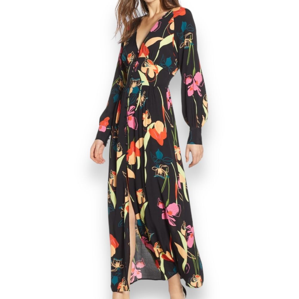 Leith Dress Black Multicolor Long Sleeve Button Front Iris Banded Waist XXS‎